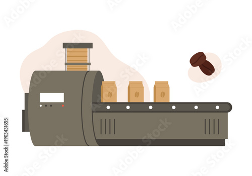Packaging coffee beans stage. Natural coffee production cartoon vector illustration