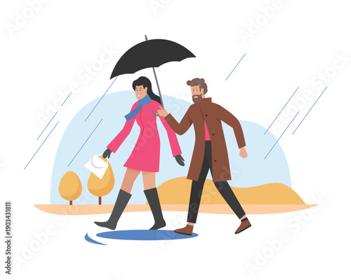 Couple walking on rainy weather. Autumn rainy days, walking with umbrella cartoon vector illustration