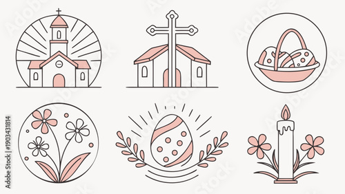 Easter Celebration Linear Icon Set with Church, Decorated Eggs and Cross