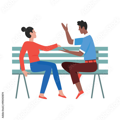 Couple sitting on a bench. Outdoor romantic date, relaxing outside cartoon vector illustration