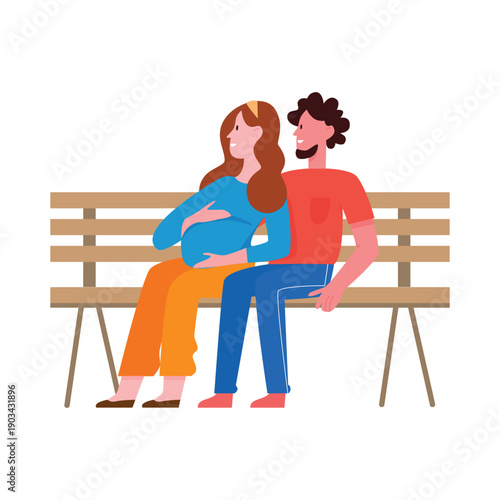 Hugging couple sitting on a bench. Pregnant wife with her husband cartoon vector illustration