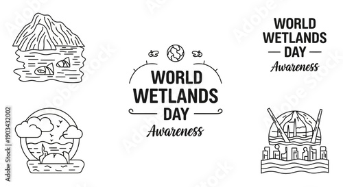 World Wetlands Day Awareness vector illustration set with nature and environmental elements.
