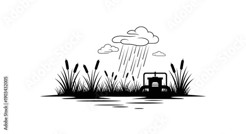 Monochrome illustration of rain falling on a swamp with cattails and a water pump, depicting a natural water cycle.