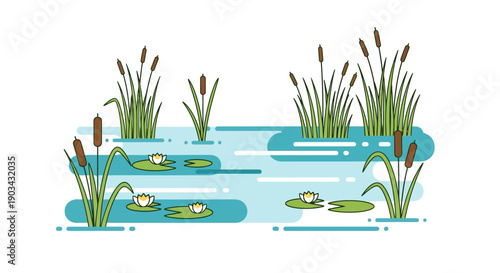 Illustration of a serene pond with cattails and water lilies, depicting a peaceful natural wetland environment.