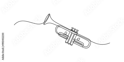 Continuous line drawing of a musical trumpet instrument with a minimalist aesthetic style. Vector, illustration