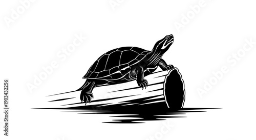 Black and white illustration of a turtle on a log, depicting speed and motion.
