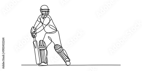 Continuous one line drawing of a cricket batsman player in batting stance position. Vector, illustration