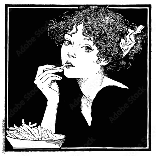Roaring Twenties pretty woman eats potato fries from a bowl, portrait of retro lady in square frame on black background, vintage black and white sketch vector illustration	