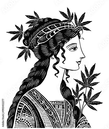 Ancient Greek woman portrait with marijuana leaves in hair and dress, beautiful Hellenistic ink painting black and white illustration on cannabis theme
