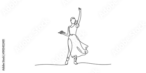 Elegant minimalist line drawing of a woman dancing with a flowing dress and arm raised Vector, illustration