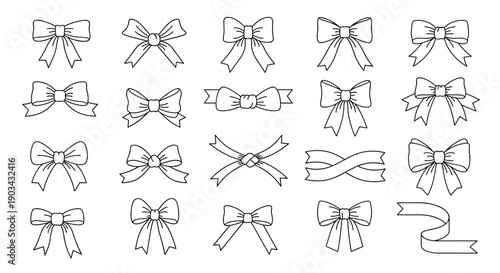 Collection of hand-drawn ribbon bows in various shapes and styles provides a versatile set of vector line art elements for design.
