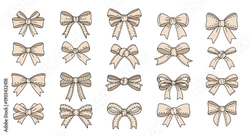 Set of sketched decorative bows with stitch details in neutral beige tones offers elegant elements for invitations and craft projects.