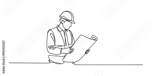 Continuous line drawing of a professional engineer in a hard hat reviewing construction blueprints. Vector, illustration