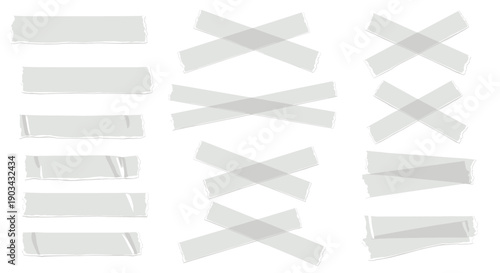 Transparent white adhesive tape strips and crossed bandages on a white background provide realistic textures for creative design work.