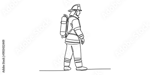 Black and white line drawing of a firefighter in full gear with an oxygen tank walking Vector, illustration