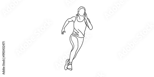 A simple black and white line drawing of a woman running forward in athletic gear. Vector, illustration