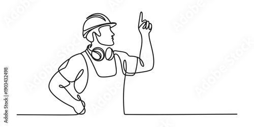 Single line drawing of a male construction worker pointing up wearing a helmet and earmuffs Vector, illustration