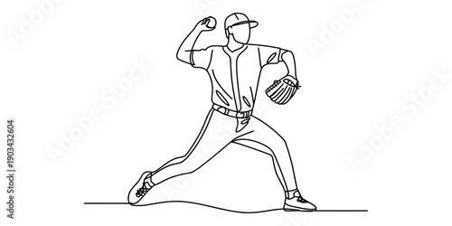 Continuous line drawing of a professional baseball pitcher throwing a ball during a game Vector, illustration