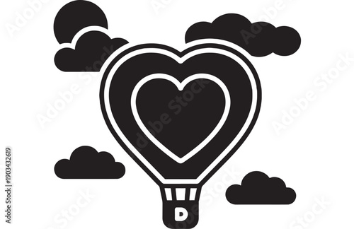 Hot air balloon heart shape icon with clouds and sun, black and white silhouette symbol for romance, wedding invitation, travel logo, and love-themed design