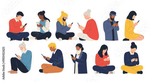 Diverse group of people in various poses sit or stand while focused on using their smartphones in this contemporary vector illustration.