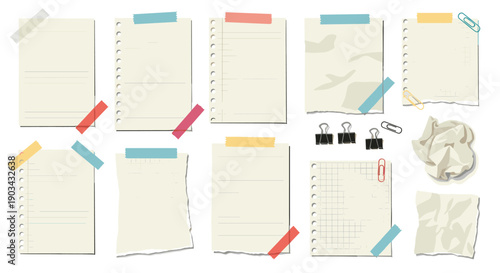 Collection of torn notebook paper scraps attached with colorful tape and metal clips provides realistic elements for digital layouts.