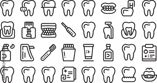 Dental care icons set teeth tools and hygiene products