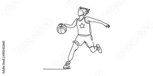 Minimalist one line drawing of a basketball player dribbling the ball while running Vector, illustration