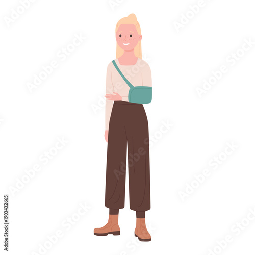 Smiling girl with broken arm. Young woman with damaged hand cartoon vector illustration