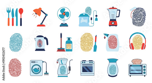 Household appliances and gadgets featuring colorful fingerprint icons highlight the importance of biometric security and digital identity.