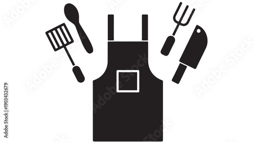Apron chef cooking icon with kitchen utensils spatula spoon fork and cleaver in flat black silhouette, restaurant food preparation symbol isolated on white