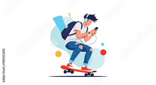 Young man with headphones and a backpack rides his skateboard through abstract shapes while staying focused on his smartphone screen.