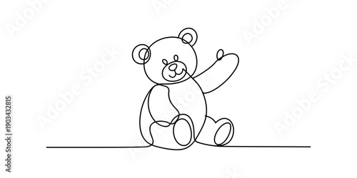 Continuous line drawing of a cute teddy bear sitting and waving its hand happily. Vector, illustration