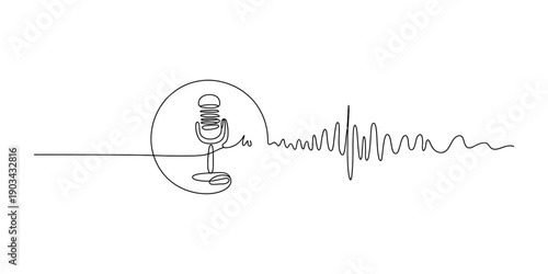 Continuous line art illustration of a professional microphone and audio wave signal. Vector, illustration