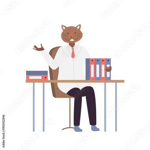 Doctor cat works at the table. Hospital cat worker in white coat cartoon vector illustration