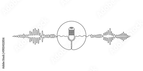 Black and white minimalist illustration of a microphone with audio sound waves Vector, illustration