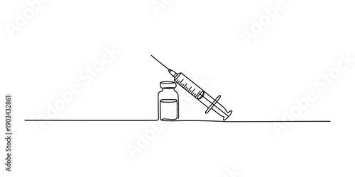 Minimalist continuous line drawing of a medical syringe leaning against a small vaccine vial. Vector, illustration