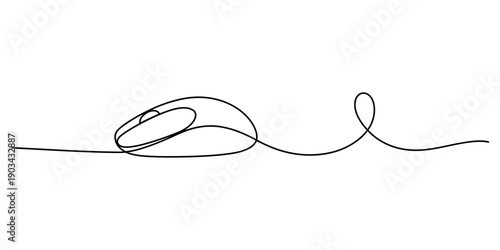 Minimalist continuous one line drawing of a computer mouse on a plain white background. Vector, illustration