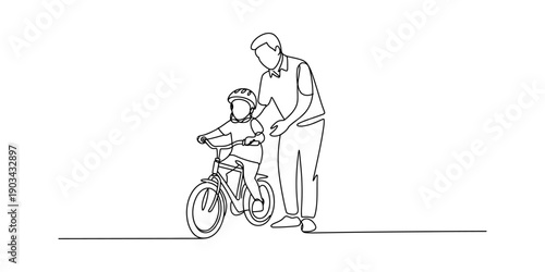 Father teaching his young child how to ride a bicycle in a minimalistic continuous line drawing. Vector, illustration