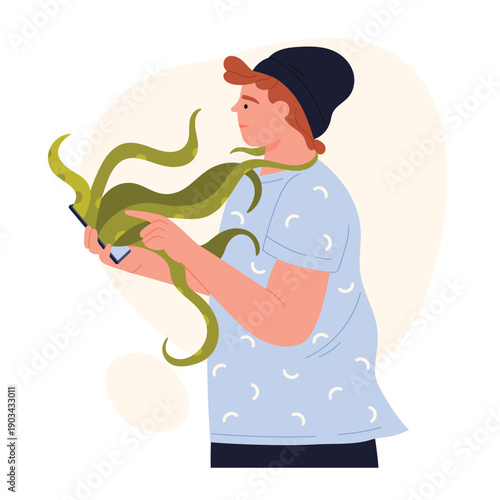 Dangerous internet doomscrolling. Online internet doomsurfing, reading bad news flat vector illustration