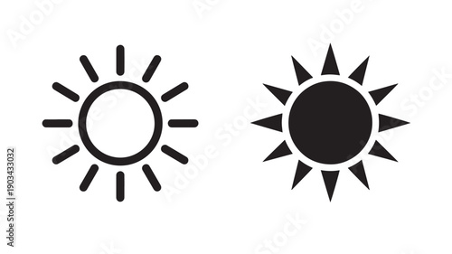 Sun icon set with outline and solid glyph styles, simple black weather symbols for brightness, daylight, forecast UI, app buttons, web design, isolated on white