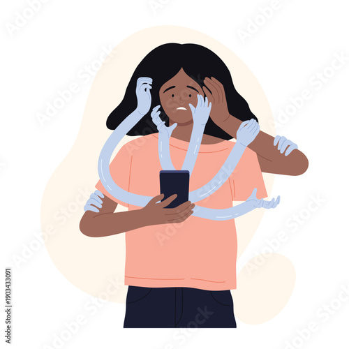 Anxious doomscrollling addiction. Online internet doomsurfing, reading bad news flat vector illustration