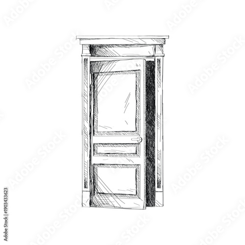 Ajar door position. Home entrance door, wooden front door sketch vector illustration