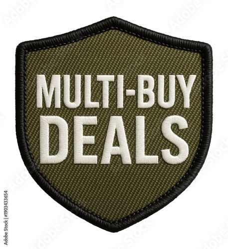 Khaki shield patch with MULTI-BUY DEALS text in bold embroidery, tactical retail discount offer on transparent background.