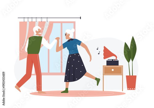 Elderly couple people dancing. Senior people leisure time, active retirement life cartoon vector illustration