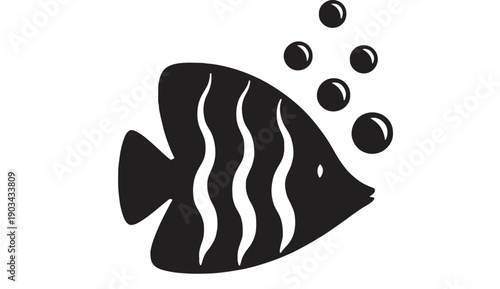 Fish aquarium icon with bubbles and wavy stripes, black silhouette sea animal symbol for underwater theme, pet shop signage, logo design, sticker and app UI