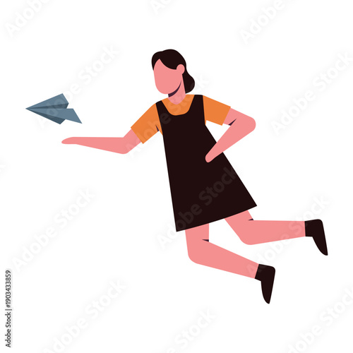 Floating girl with paper plane. Abstract people in the air, flying imagination flat vector illustration