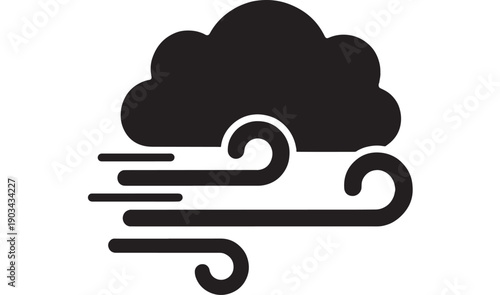 Cloud wind icon with swirling gust lines, minimal black silhouette weather symbol isolated on white background for forecast apps, UI buttons, web design and signage