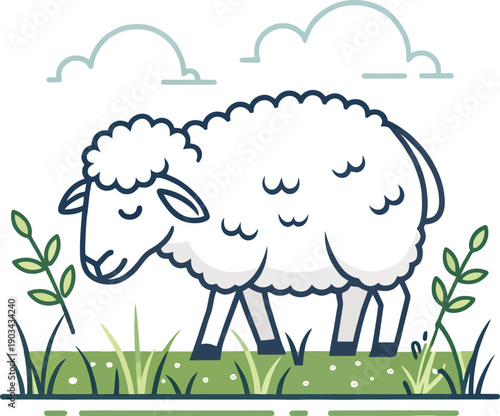 A cartoon sheep standing on grass isolated on transparent background