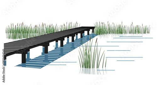 Wooden pier extending into a calm body of water surrounded by tall green reeds and grass, illustrating a peaceful natural landscape.