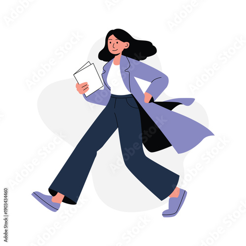A modern flat illustration of a startup founder walking confidently with smartphone